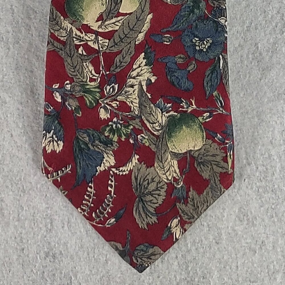 Domani Mens Burgundy, Blue, Gray Green, Flower Pattern 100% Italian Silk Necktie - Picture 2 of 9